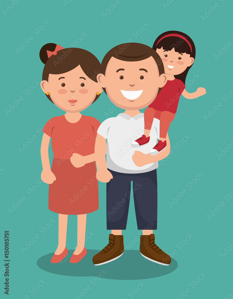Woman next to man carrying a small girl on his shoulders. Vector illustration.