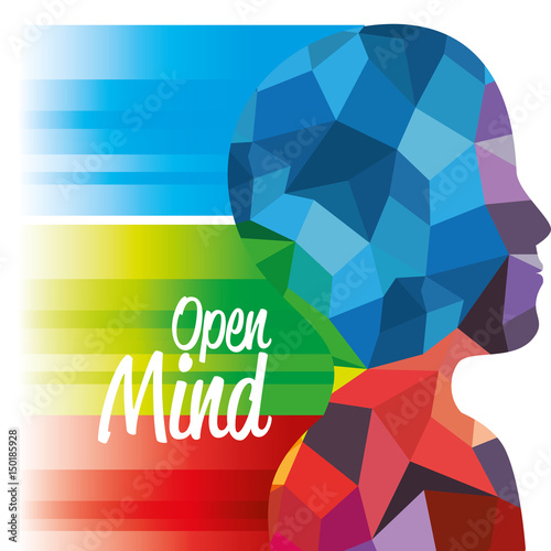 Side view of upper human body silhouette with colorful geometric shapes and open mind sign over white background.