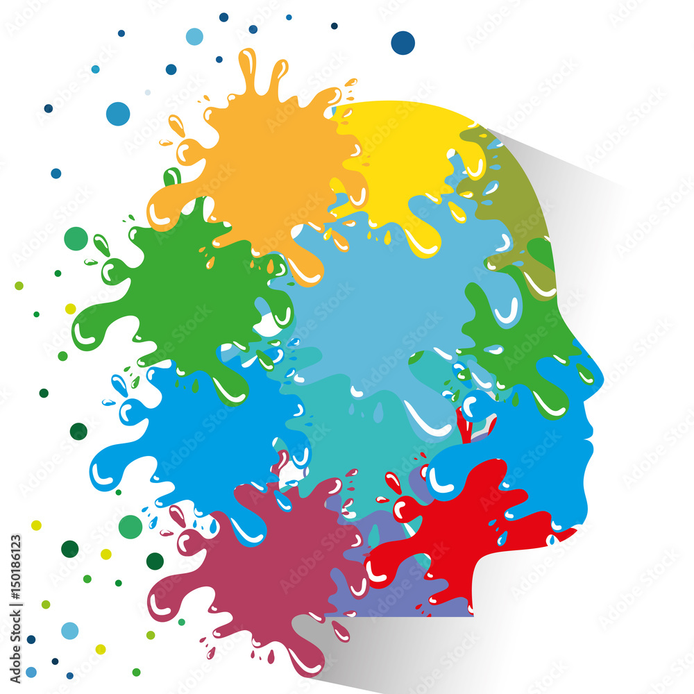 Human head silhouette and colorful paint splatters over white background. Vector design. 