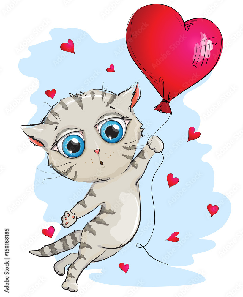 Gray kitten is flying in a hot air balloon. Balloon in the shape of a heart