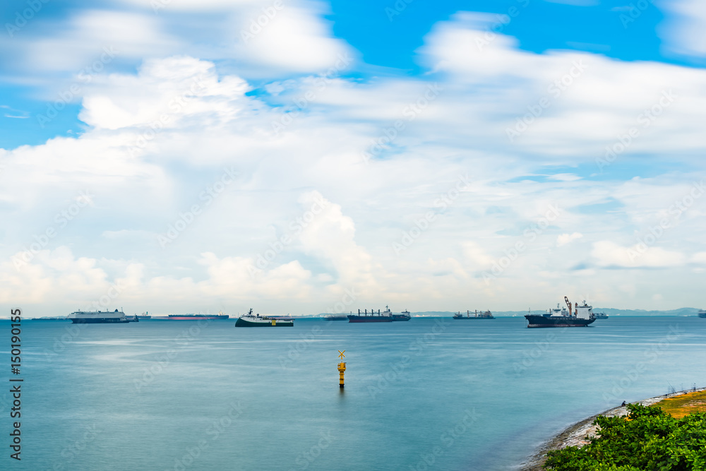 Singapore Seascape From Marina Barrage with Cargo ship and Sky