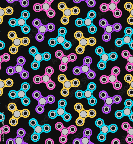 Hand spinner Seamless pattern. Vector icons on black background. Fidget toy