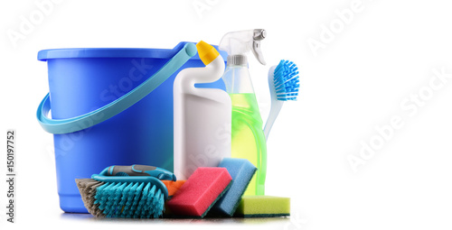 Chemical cleaning supplies isolated on white
