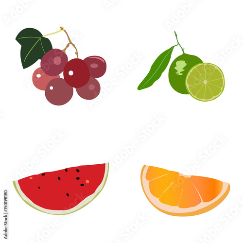 Set of different fruits on a white background  Vector illustration