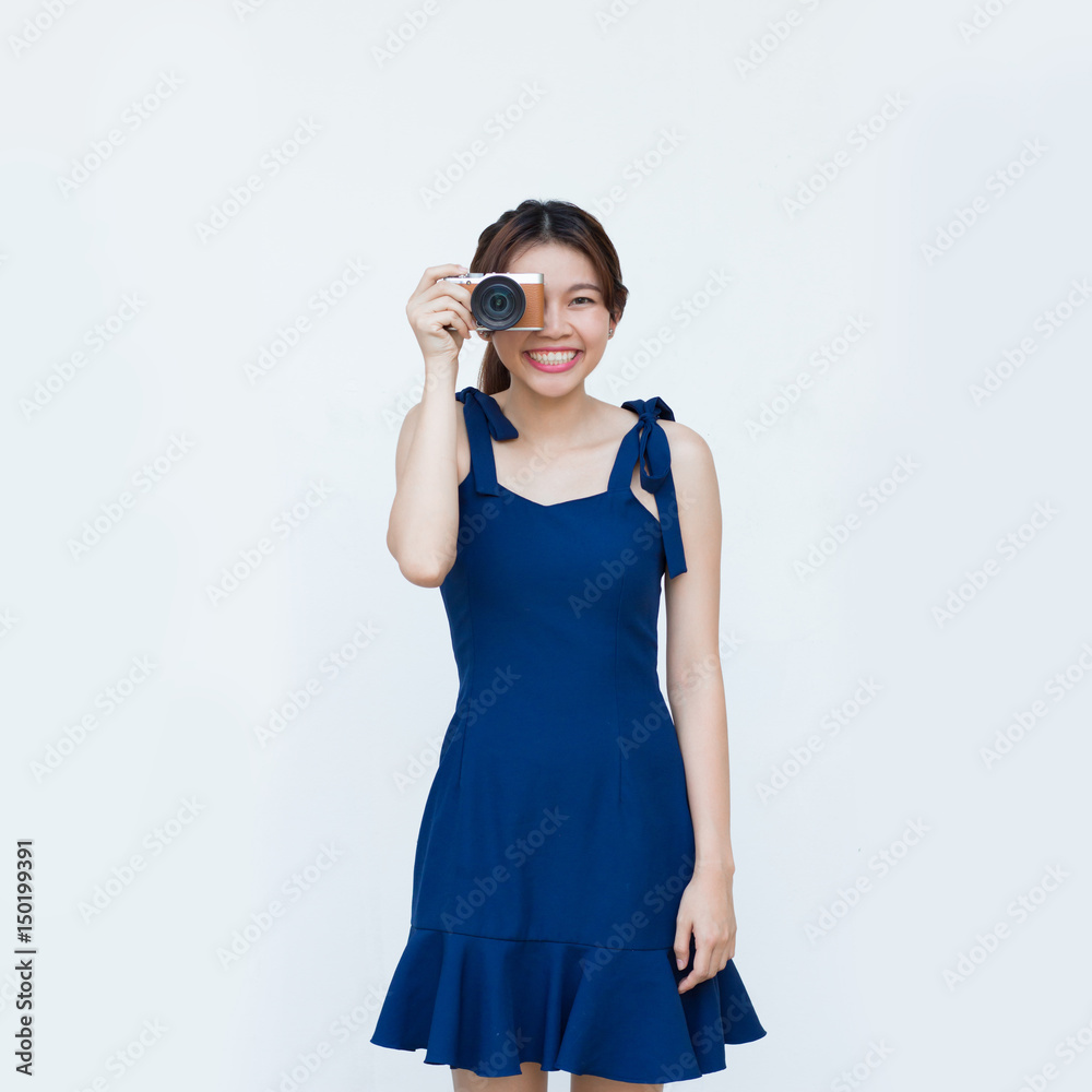 Asian woman using camera with white background Asian woman using camera with white background