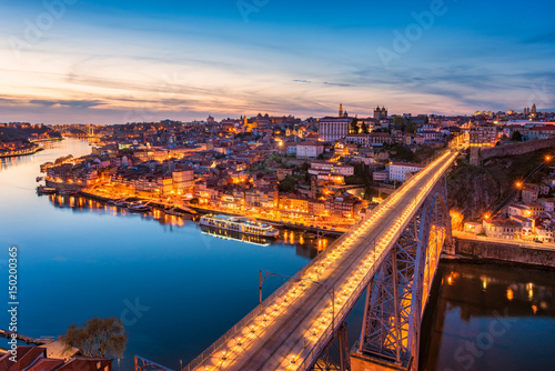 Dom Luis I Bridge and Skyline of Porto Portugal at Dusk 
