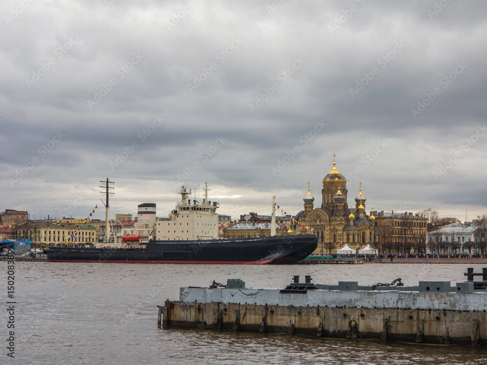 Ship's mooring on the Neva River in St. Petersburg