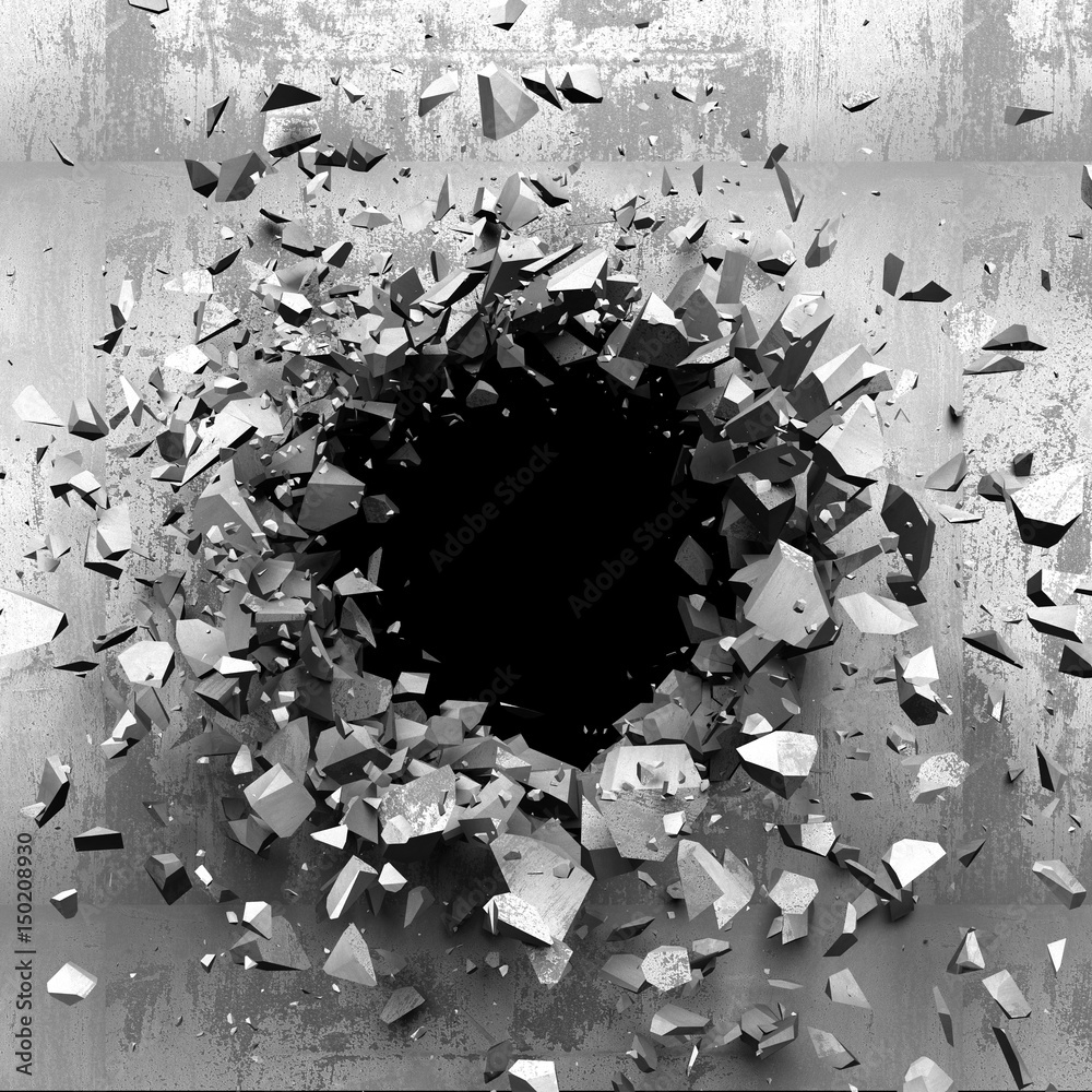 Fototapeta Ciemna pęknięta ściana złamana w betonowej ścianie. Tło grunge