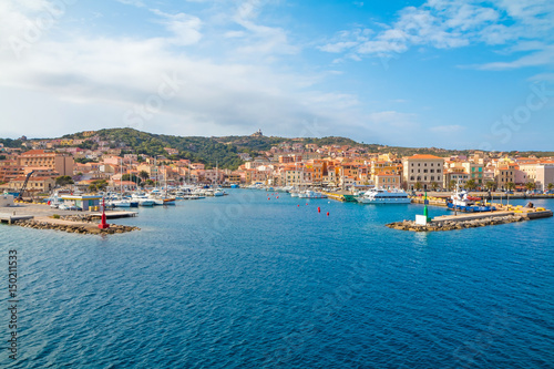 View the town of La Maddalena from ferry boat, northern Sardinia, Italy