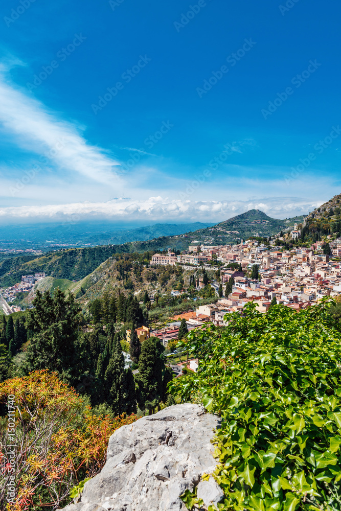 Cityscape of Taormina with Etna, Sicily, Italy