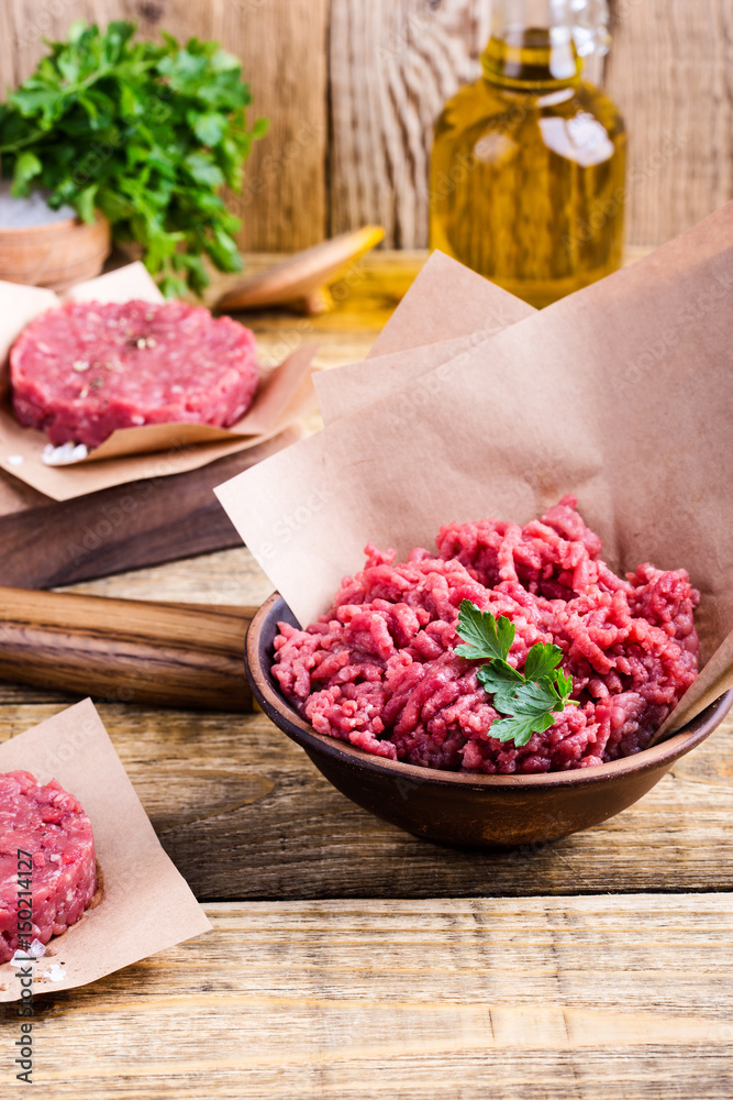 Organic raw ground beef meat and burger steak cutlets Organic raw ground beef meat and burger steak cutlets