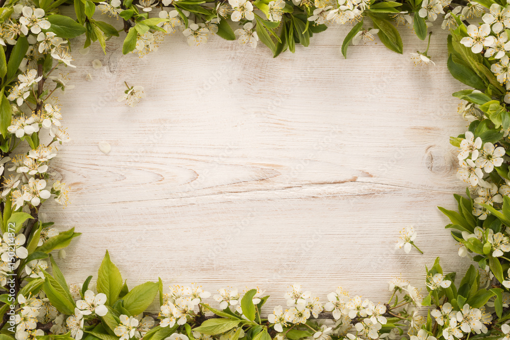 Spring flowers frame on wooden background
Spring flowers frame on wooden background