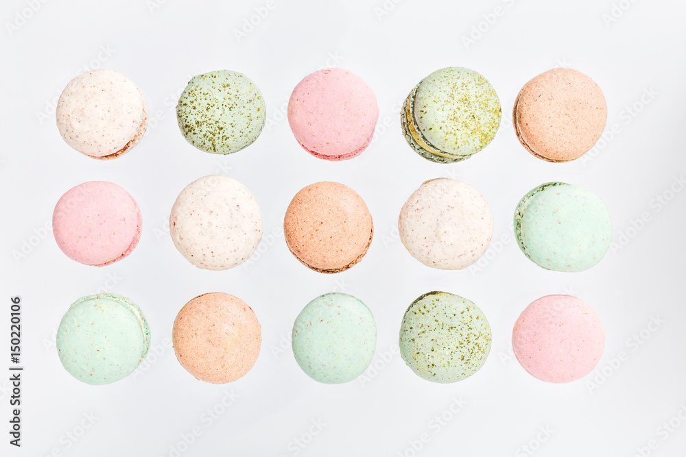 Macarons cake, top view flat lay, fly falling pattern macaroon Macarons cake, top view flat lay, fly falling pattern macaroon