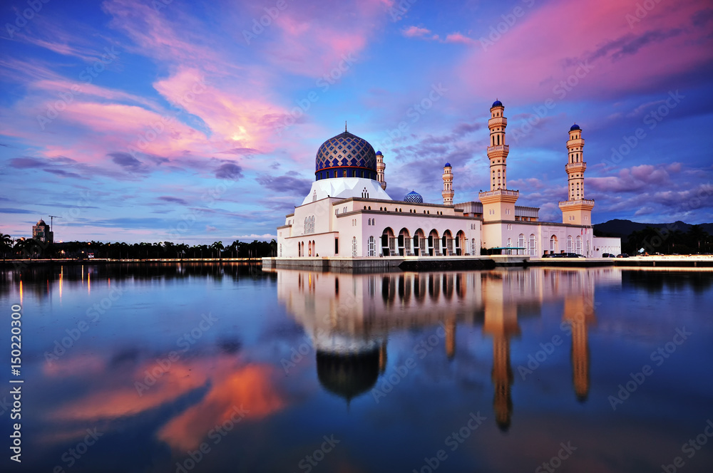 Sunset scenery of Kota Kinabalu city Mosque, Sabah Borneo, Malaysia.