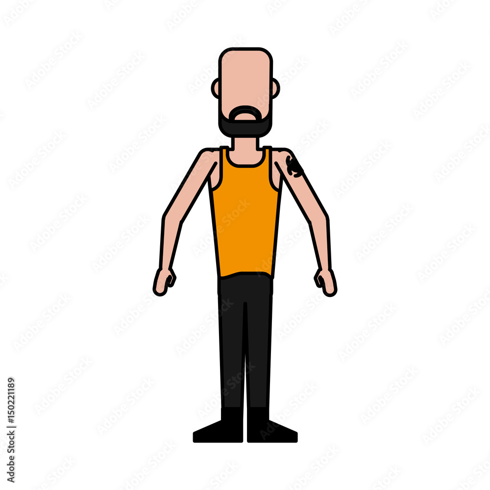 colorful caricature image faceless man bald with beard and tattoo vector illustration