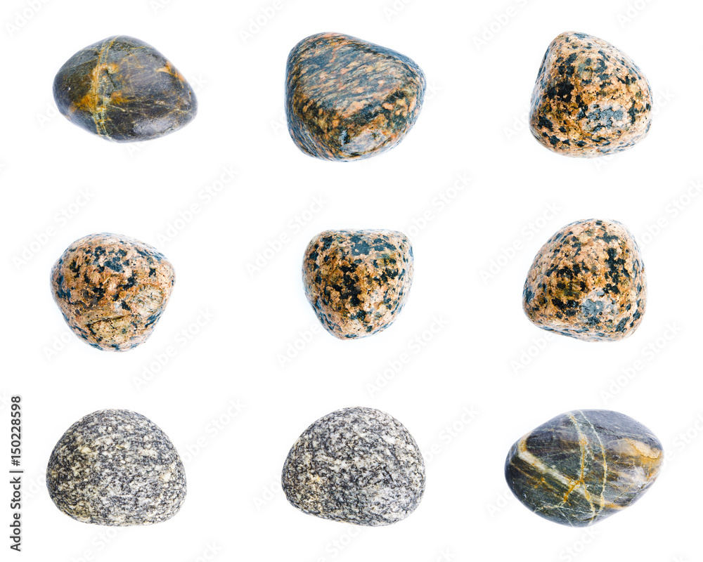 Wet sea stones isolated on white background. Set of sea stones.
