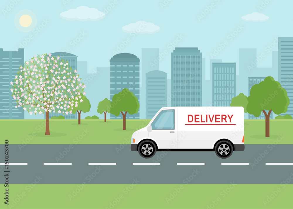 White delivery van on city background. Product goods shipping transport. Fast service truck