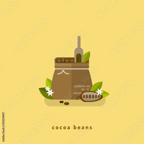 A bag of cocoa beans and the fruit of the chocolate tree. Vector flat illustration.