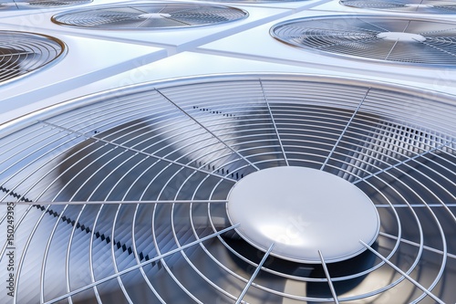 Close up view on HVAC units (heating, ventilation and air conditioning). 3D rendered illustration.