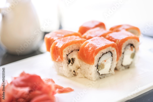 Sushi, a portion of Philadelphia sushi,philadelphia sushi tumblr,philadelphia roll. Ginger. Japanese kitchen,Japanese cuisine,Japanese food. Japanese restaurant