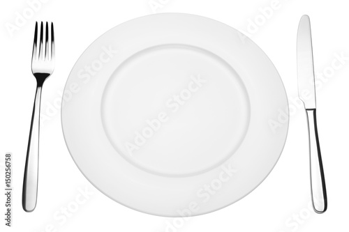 Empty plate, fork, knife, clipping path, white background, isolated, top view from first person