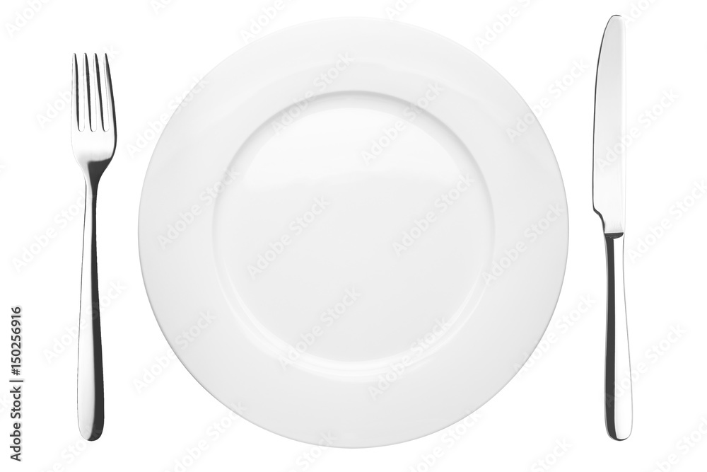 Empty plate, fork, knife, clipping path,
white background, isolated, top view from first person Empty plate, fork, knife, clipping path,
white background, isolated, top view from first person