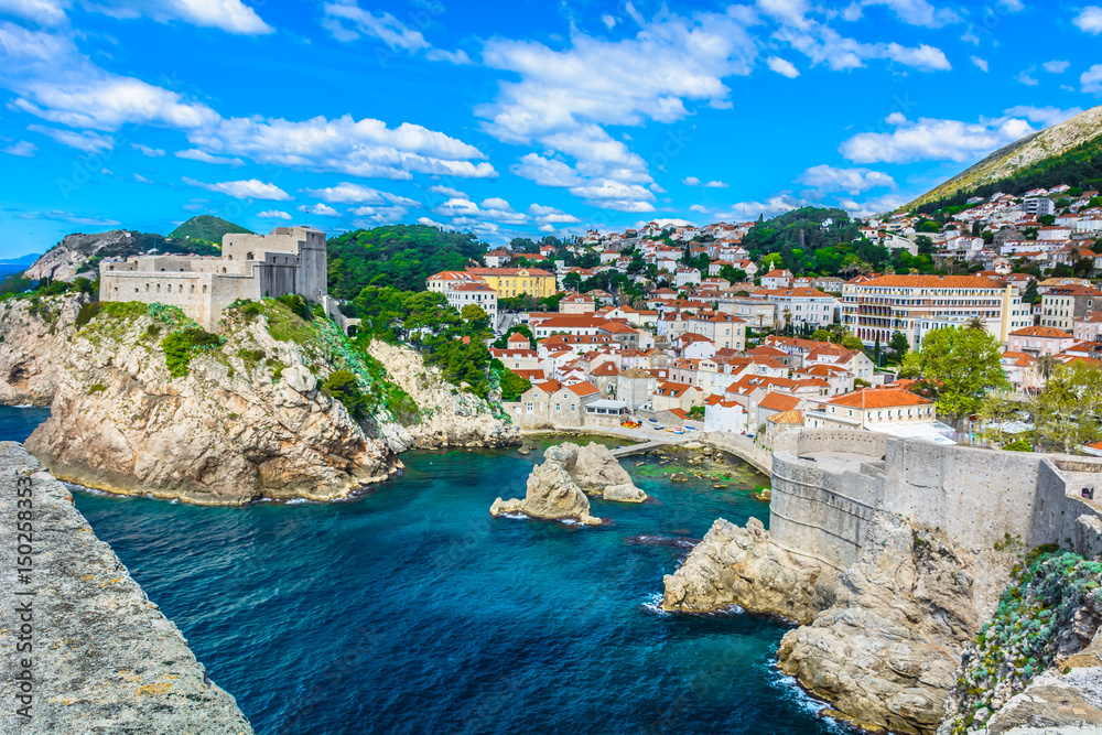 Dubrovnik coastal town. / Aerial cityscape of town Dubrovnik in Croatia, european travel resort.
