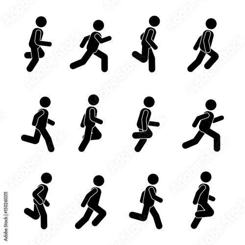 Man people various running position. Posture stick figure. Vector illustration of posing person icon symbol sign pictogram on white.