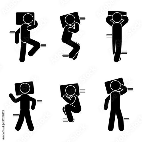 Stick figure different sleeping position set. Vector illustration of dreaming person icon symbol sign pictogram on white.