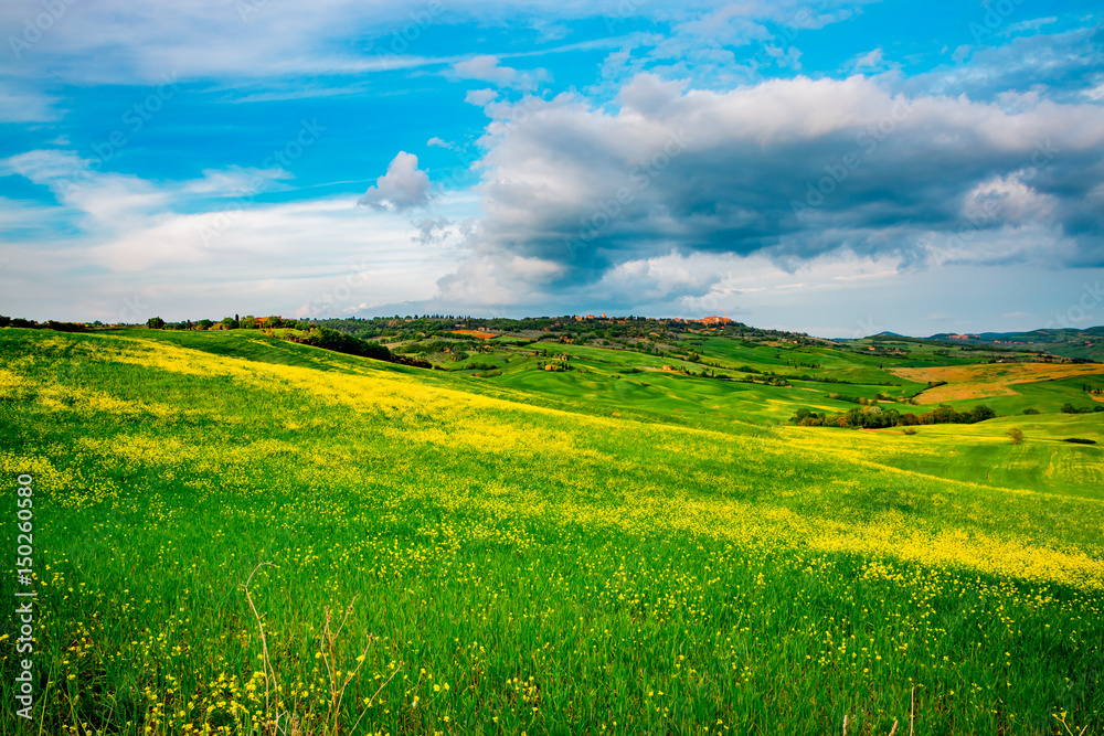 Paysage du Val d'Orcia en Toscane au soleil couchant