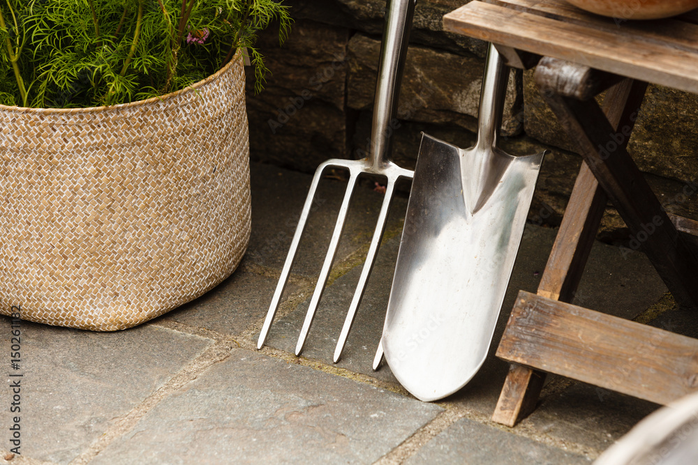 Standing steel fork harrows rake and shovel Standing steel fork harrows rake and shovel