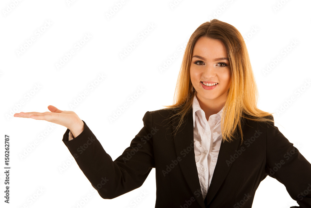 business woman holds hand over copy space for marketing a product business woman holds hand over copy space for marketing a product