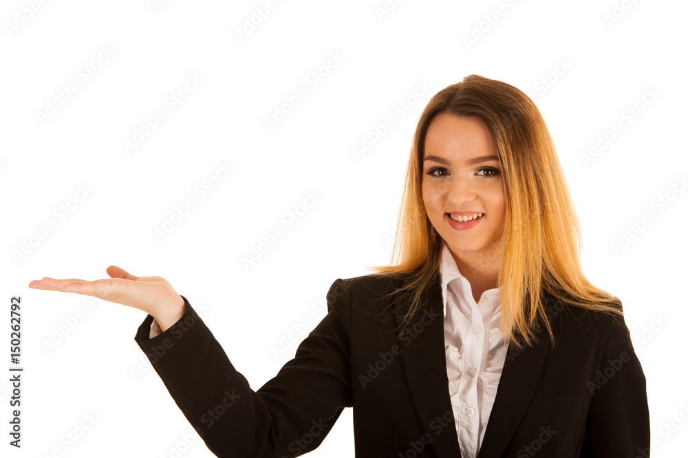 business woman holds hand over copy space for marketing a product business woman holds hand over copy space for marketing a product