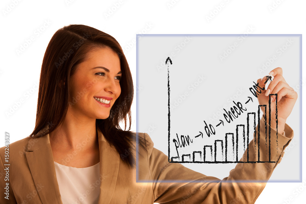 Happy smiling cheerful beautiful young business woman writing or drawing something on screen or transparent glass, by blue marker, isolated over white background Happy smiling cheerful beautiful young business woman writing or drawing something on screen or transparent glass, by blue marker, isolated over white background