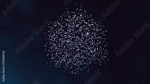 3D cube shape of particles moving and rotating. Science motion graphics with dark background.