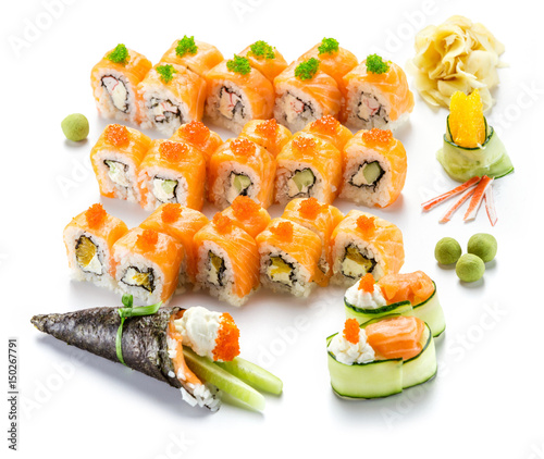 Sushi rolls with salmon, temaki roll and salad rolls