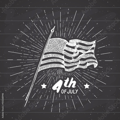 Vintage label, Hand drawn USA flag, Happy Independence Day, fourth of july celebration, greeting card, grunge textured retro badge, typography design vector illustration on chalkboard.