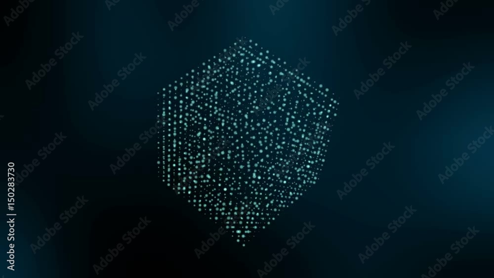 3D cube shape of particles moving and spinning. Science motion graphics with dark background.