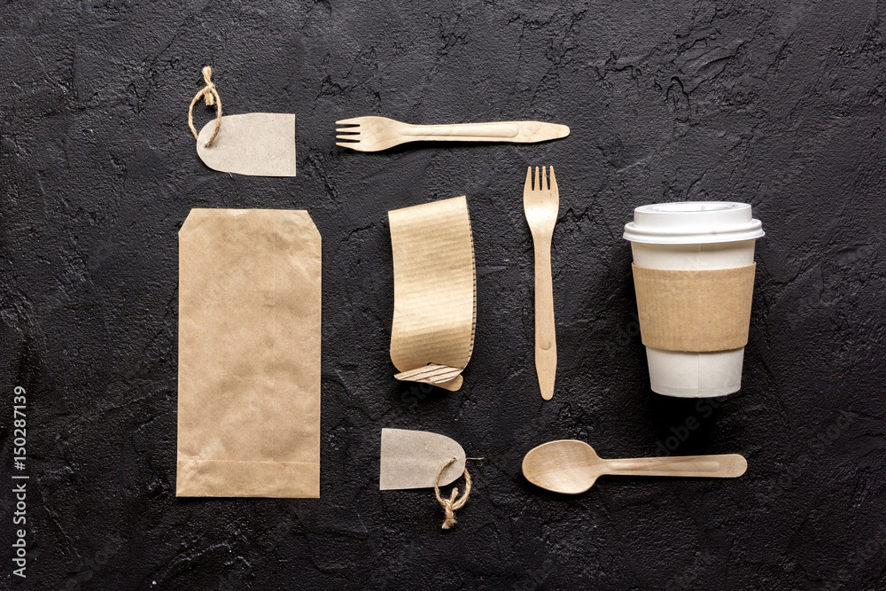 paper bags for food delivery restourant dark table background top view mockup