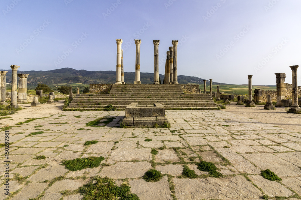Capitoline Temple at archaeological Site of Volubilis, ancient Roman empire city, Unesco World Heritage Site