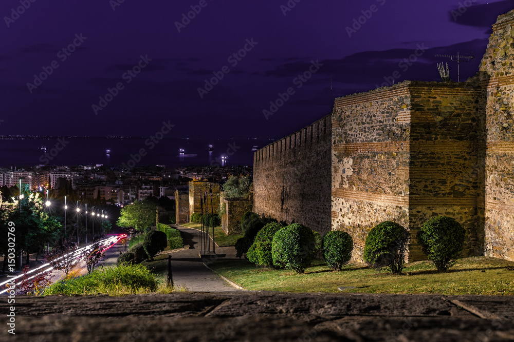 Walls of Thessaloniki, with panoramic view of the city, at dusk time