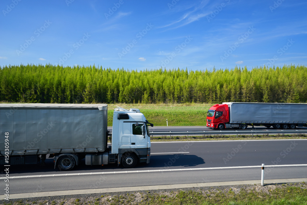 Passing trucks on a highway along a larch forest in the countryside