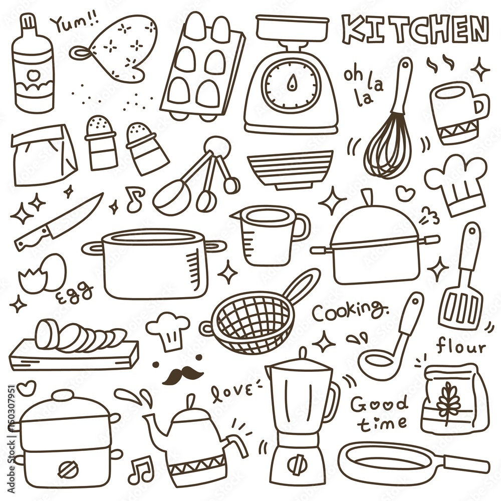 Set of Cute Kitchen Spices and Utensils Doodle