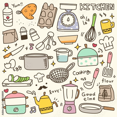 Set of Cute Kitchen Spices and Utensils Doodle