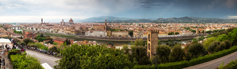 panorama of Florence with Ponte vecchio and beautiful renaissance cathedral Santa Maria del Fiore in Florence, Italy