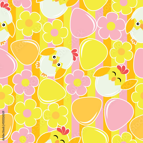Cute chick, flower, and eggs on striped background vector cartoon, Easter seamless pattern, wallpaper, and greeting card, T-shirt design for kids