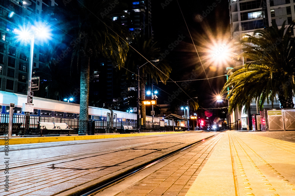Fototapeta premium Train Tracks in San Diego at night, California