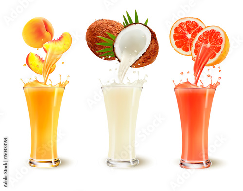 Set of fruit juice splash in a glass. Peach, coconut and grapefruit. Vector