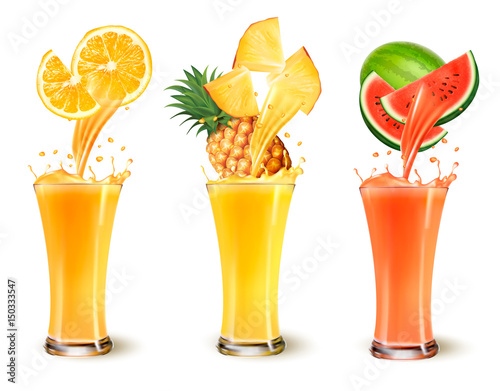 Set of fruit juice splash in a glass. Orange, pineapple and watermelon. Vector