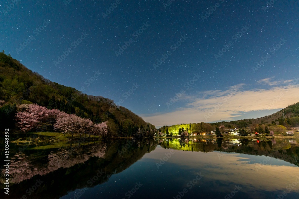 Cherry blossoms and stars reflected on the lake surface